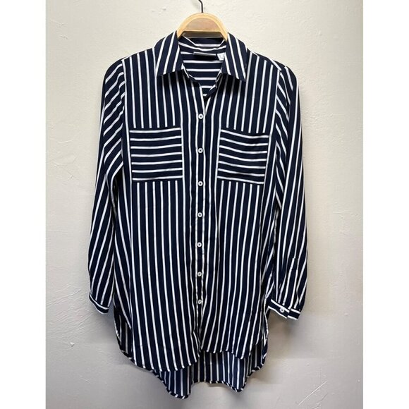 Susan Graver Button Down Shirt Tunic Blouse Hi Low Striped Sheer Coastal Women 4 - Picture 1 of 6